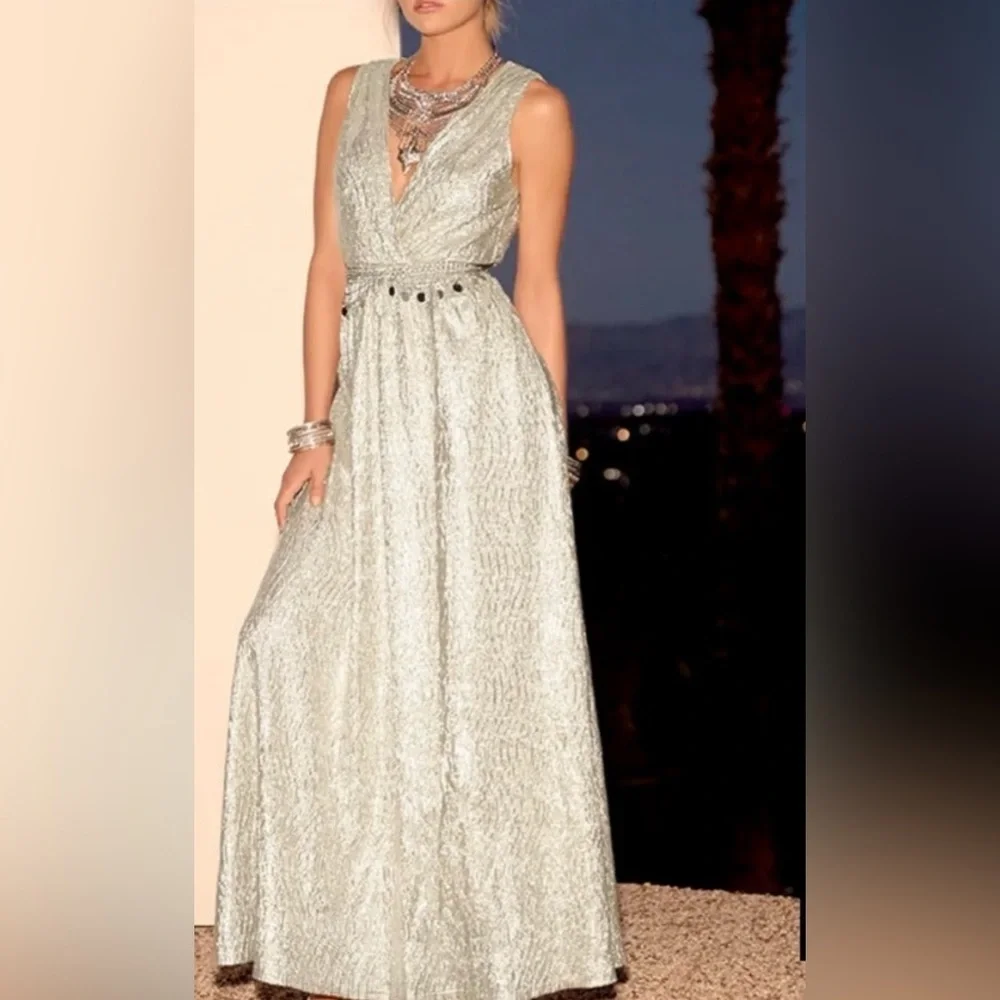 Lulu’s Metallic Champagne Gold V-Neck Evening Dress - Picture 12 of 15